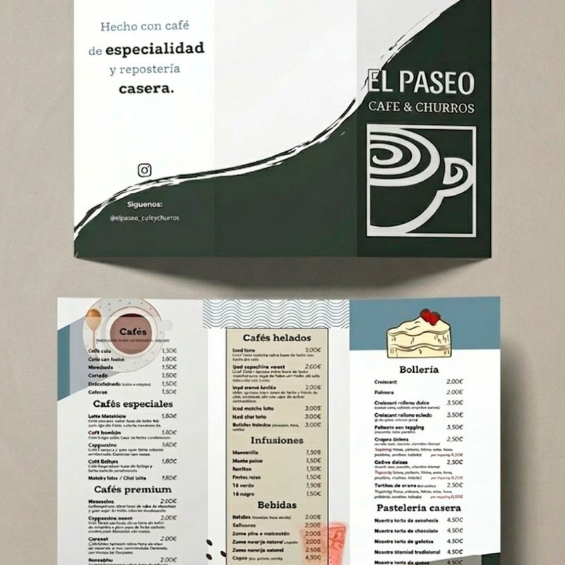 Diseño de tríptico para cafetería con carta de cafés, bebidas y repostería