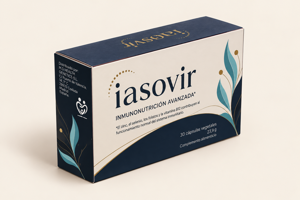 Diseño de caja para el complemento alimenticio Iasovir en azul marino, marfil y turquesa
